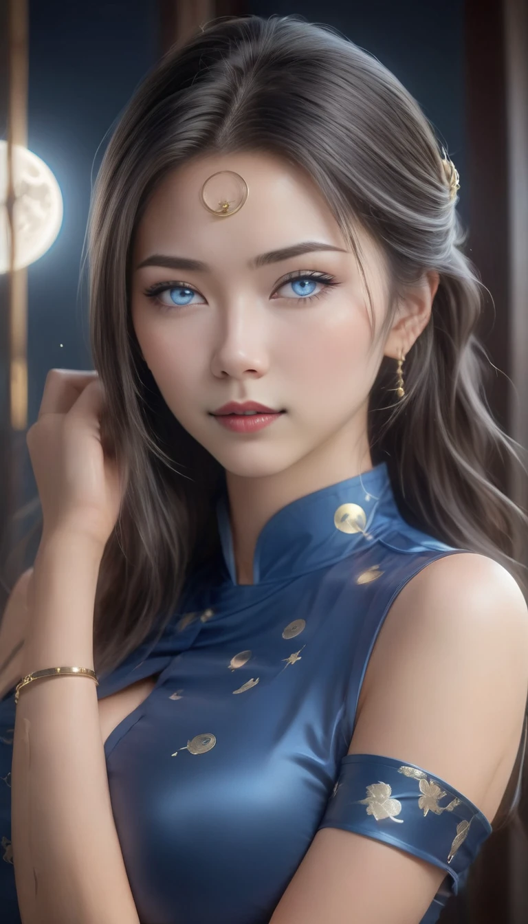 Create a highly detailed ultra realistic photo of a confident, strong female warrior standing against a glowing moonlit background. She has a fair complexion with subtle makeup accentuating her large, expressive blue eyes. Her dark hair is styled in an elegant updo adorned with white ribbons and hair ornaments, framing her face perfectly. She is wearing a form-fitting, traditional Chinese-inspired blue qipao with gold trim and decorative moon patterns on her chest, which accentuate her figure. Her outfit includes a wide, intricately patterned silver sash around her waist. She has a confident, friendly smile, and her expression conveys both strength and grace. She is wearing black wristbands with silver spikes. The background features a large, glowing full moon, casting a soft halo around her, with minimalistic, abstract designs adding depth. Small glowing embers float in the air, adding a touch of mystique to the scene. Distant full body view, ultra realistic photo, vibrant colors, 16k