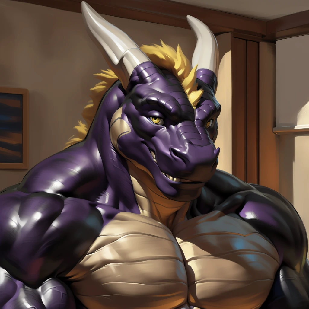 uploaded on e621.net, (best quality, masterpiece, highres, HD, 16k, textured skin, high detail)+, (ultra realism shading, photorealistic)+++, anthro, (dragon)++, (black body)++++, (purple pectorial muscles)++++, (purple abs)++++, (face shot)++, (gray horns on head and jaw), big muscles, male focus, male, gay, handsome, (male solo)++, bedroom, tall, (detailed yellow eyes)+, soft smile, looking at viewer, (correct anatomy)+, (art by kaynine, chunie, darkgem, ffffolder)+