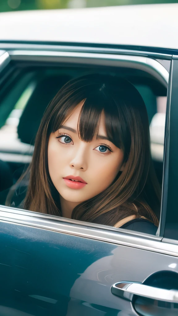 Best quality, 8k, ,Masterpiece :1.3)), facing viewer,((full body1.2)) ,pretty woman, wide shot ,1girl, , with car, ,car circuit , brown hair , bangs,ultra-detailed face, highly detailed lips, detailed eyes, double eyelid