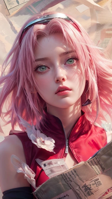 young woman, short shoulder-length pink hair, wide forehead, porcelain skin, pink eyebrows, big emerald green eyes, buttoned nose, full lips, heart-shaped face, slender body, small breasts, red tank top, Sakura Haruno , realistic, realism, details, 3d, well detailed