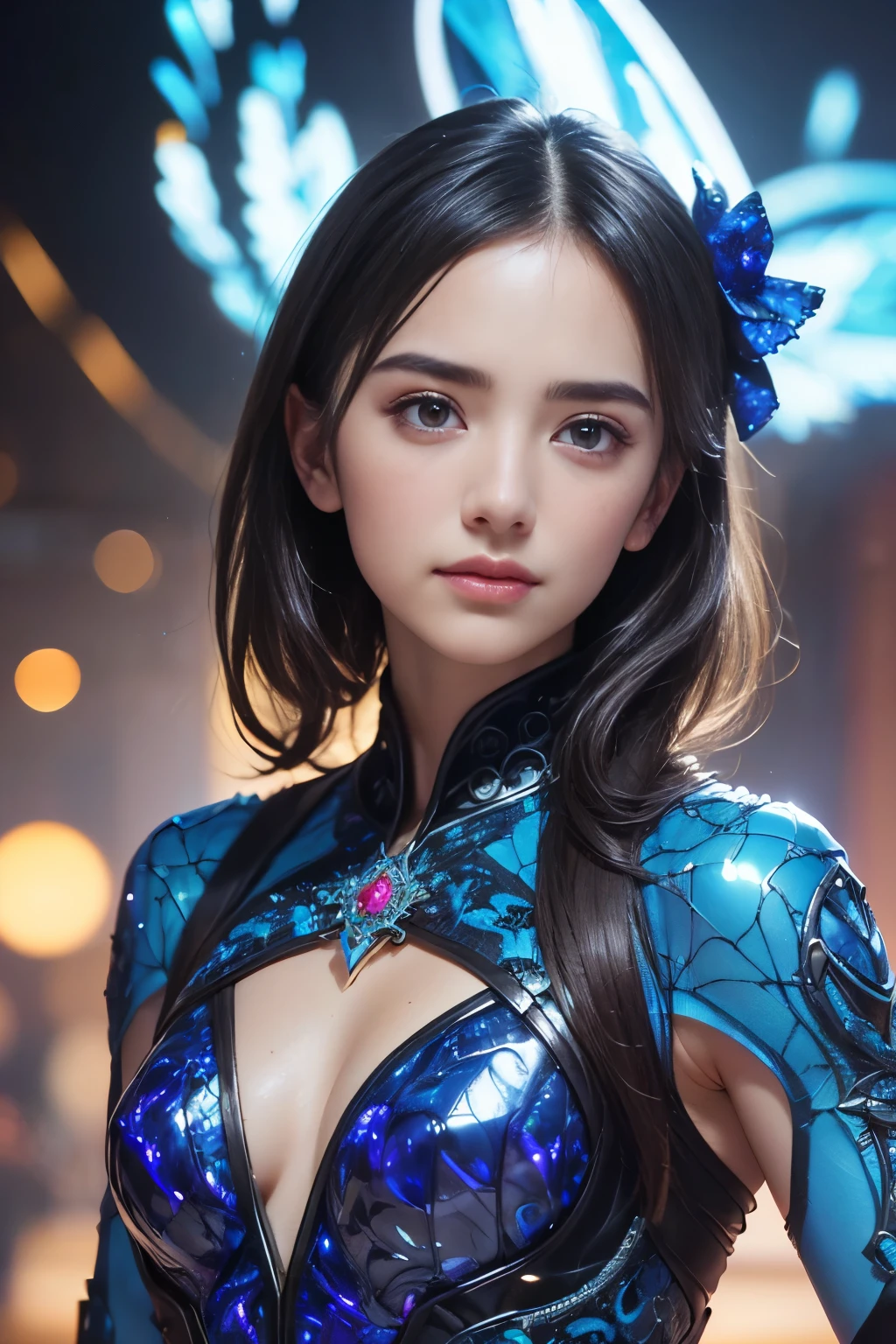From Side, Photorealistic, Official art, Unity 8k wallpapr, 8K Portrait, Best Quality, Very high resolution, (Incredibly beautiful nature background:1.6), One girl, One beautiful teenage Italian girl, sixteen years old, Obscene, (Sexy and glamorous:1.1), (A coquettish expression:1.6), (small breasts with raised pink areolas:1.1), Vulgarity, (seductively smiling:1.2), (full body1.0), (erotic posing:1.5), (Magic Attack Pose:1.6),(magical effects like sparkles or energy:1.5), (Electric shock from hands:1.1), (Detailed blue bodysuit with beautiful fractal or marble design:1.5), (Beautiful and d delicate ruby, topaz, emerald and sapphire jewelry:1.45), Beautiful seductive face, Portrait, (Thick eyebrows:1.2), (Big purple eyes:1.2), Beautiful eyes with fine symmetry, (ultra detailed eyes:1.1), (High resolution eyes:1.1), Intimate face, (ultra detailed skin texture:1.4), white skin, pale skin, Perfect Anatomy, Thin, (Beautiful toned body:1.1), Hair Bow, (Moist skin:1.1), full of sweat, No makeup, dark circles, Good anatomy, Focus Face, good looking, (Emilia Clark:0.6) (Emma watson:0.3),(Jennifer Connelly:0.4), (sensual face:1.5), Elegant face, Nice, Dolce, Cyberpunk Sci-Fi, (Gauntlets with intricate and beautiful designs:1.2), Blurred background, Blurred foreground, depth of fields, (Motion Blur:1.1), Complex and colorful biomechanical bodysuit, Zentangle, mandalas, Entangled, (Small breasts:1.2), Sheer breast, large hips, drivel, grabbing on breasts