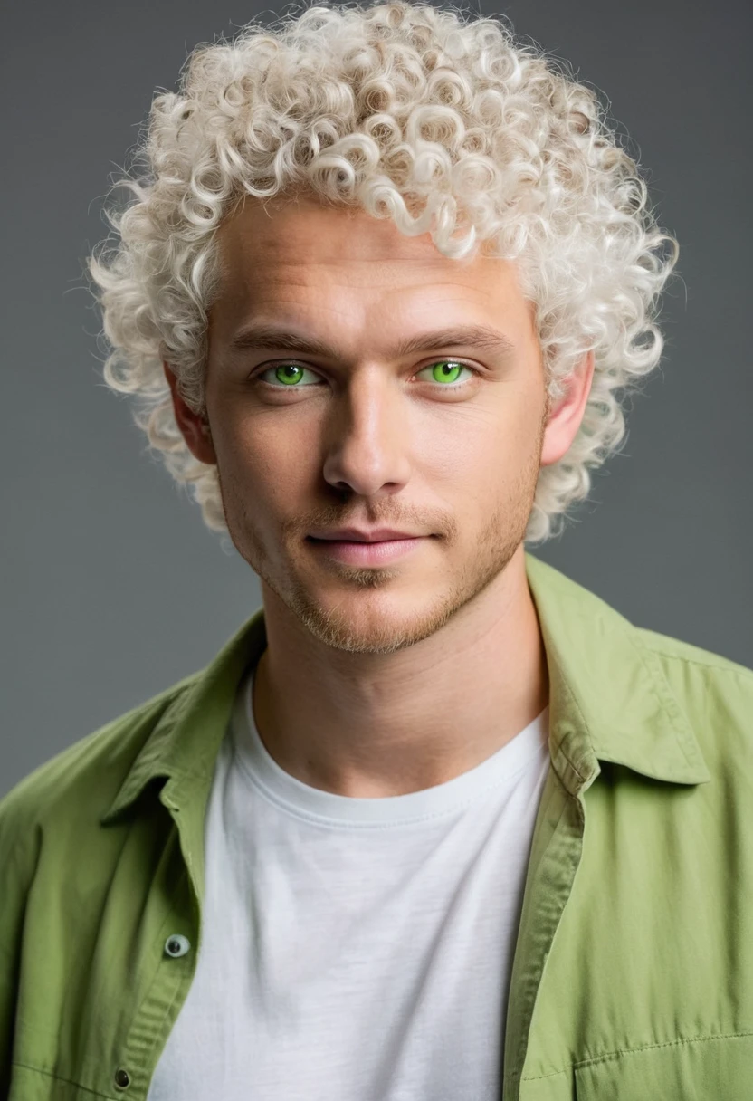 a strange man with light white short curly hair and with bright light green eyes and in white and brown casual clothes