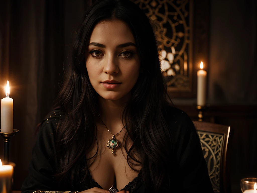 Craft a mesmerizing portrait of a tarot reader woman seated at a table adorned with tarot cards, crystals, and flickering candles. Capture her striking eyes and detailed lips with hyper-realistic precision. Focus on intricate details like long eyelashes and expressive facial features. Use cinematic lighting techniques to enhance vibrancy and create a magical, mystical atmosphere. Incorporate elements of dark fantasy and the occult, set against a light wall to evoke a sense of ethereal beauty and intrigue
