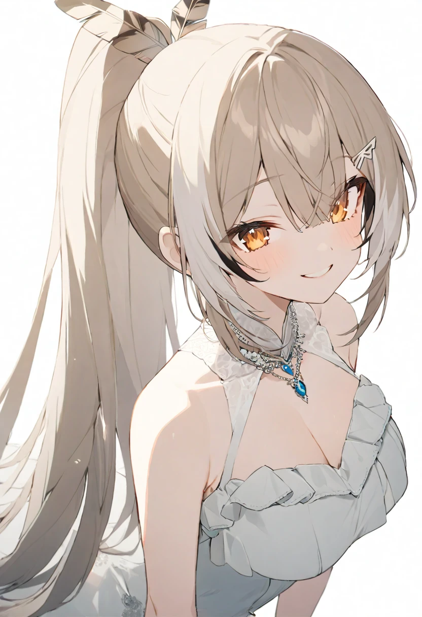 (masterpiece), (best quality), perfect face, beautiful girl, white background background, delicate and beautiful face and eyes, dark intense shadow, 
1 girl, vtuber style, cool girl, ho****ve, mumei, ponytail, very long hair, feather hair ornament, hairclip, Gorgeous evening dress Ruffles dress, lace, necklace, big chest, cropped shoulders, clavicle, winking, smile, chest visible through clothes, ass visible through thighs, (full body), High heel, looking at viewer, standing, 