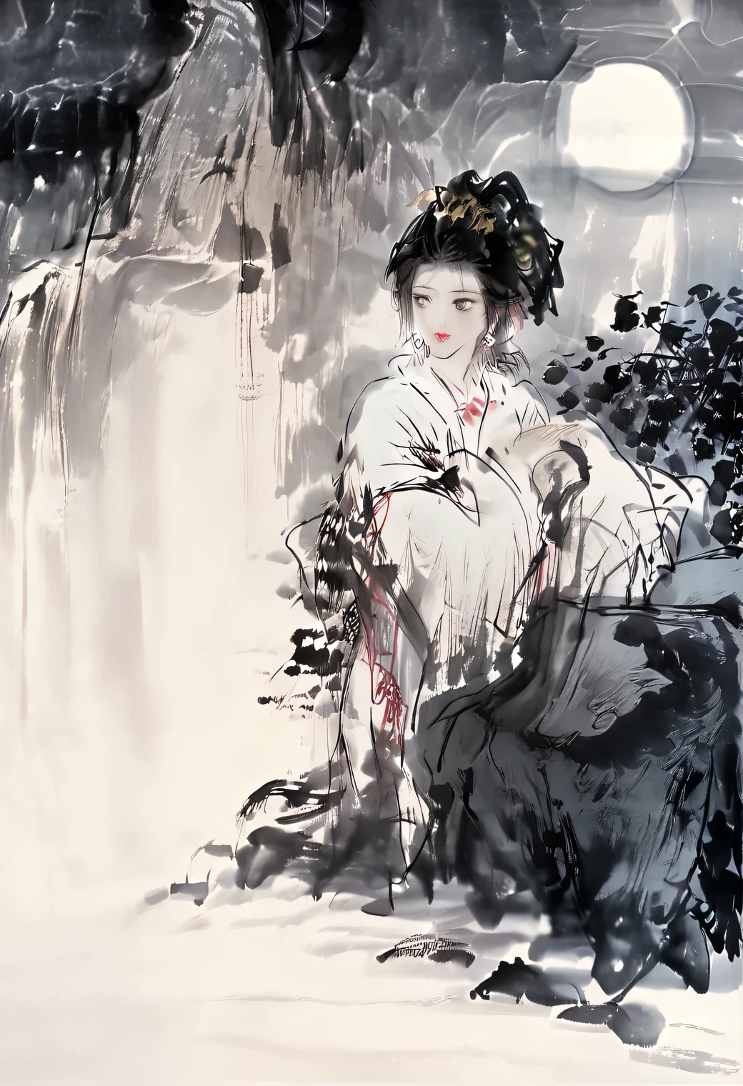 beautiful detailed eyes, beautiful detailed lips, extremely detailed eyes and face, longeyelashes, 1girl, traditional japanese clothing, kimono, night, moonlight, moon, sad expression, melancholic, moody, atmospheric, woodblock print, muted colors, dark tones, cinematic lighting, dramatic lighting, chiaroscuro, (best quality,4k,8k,highres,masterpiece:1.2),ultra-detailed