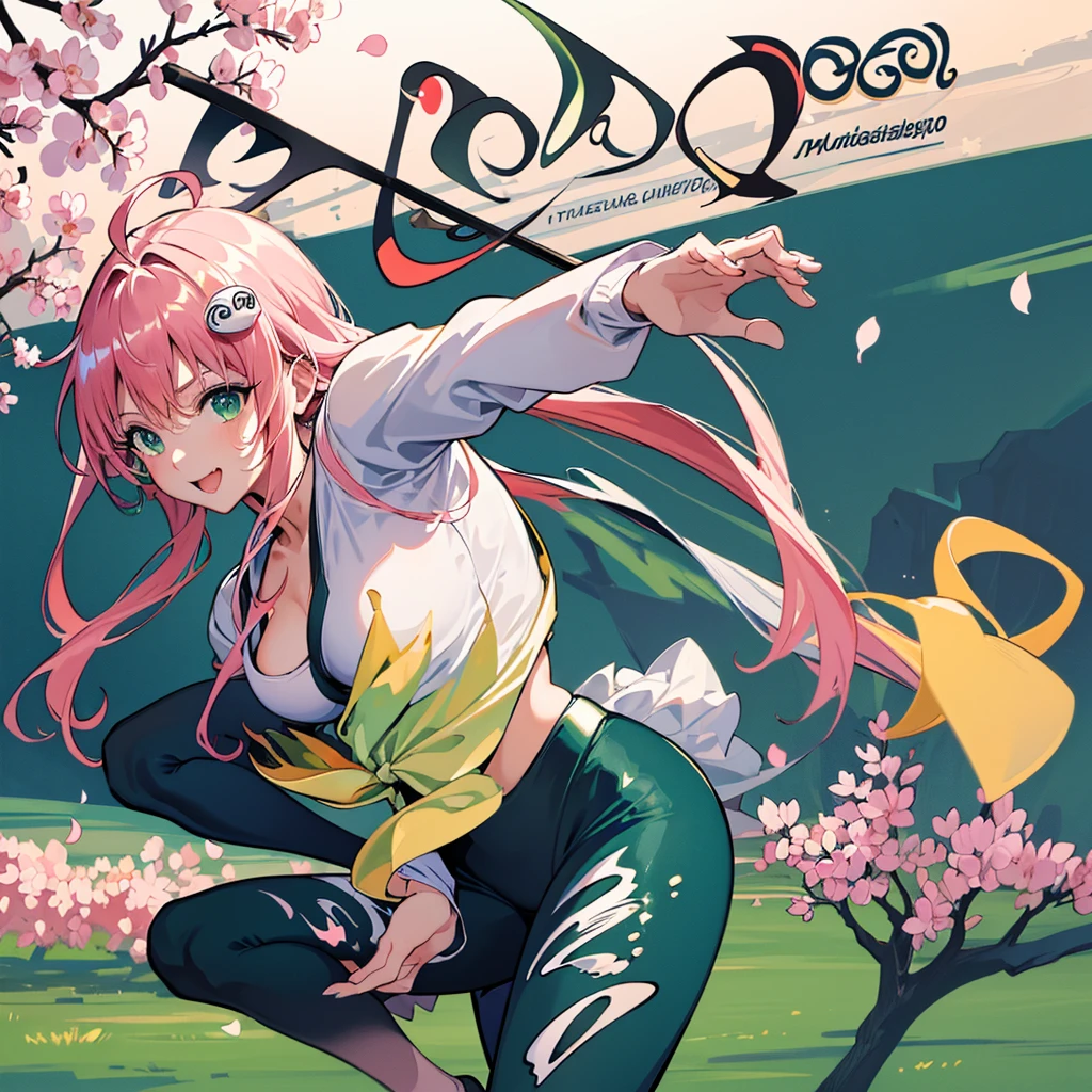 (masterpiece), best quality, (((ultra detailed, 8k quality))), expressive eyes, perfect face, perfect anatomy, aalala, long hair, ahoge, hair ornament, green eyes, breasts, sports bra,(leggings:1.2),outdoors,cherry blossoms,smile,sweat,running,ponytail,