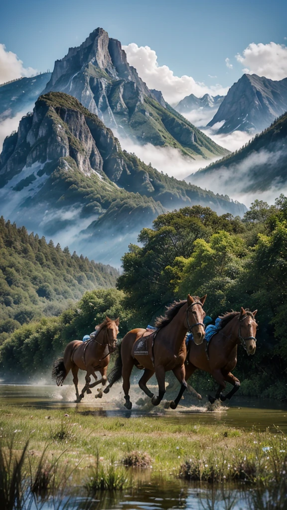 eight wild dark brown horses racing through green forest on the shallow water, surrounded by towering mountain range under blue sky, the atmosphere filled with an aura of wonder and mystique, Painting, watercolors on textured paper