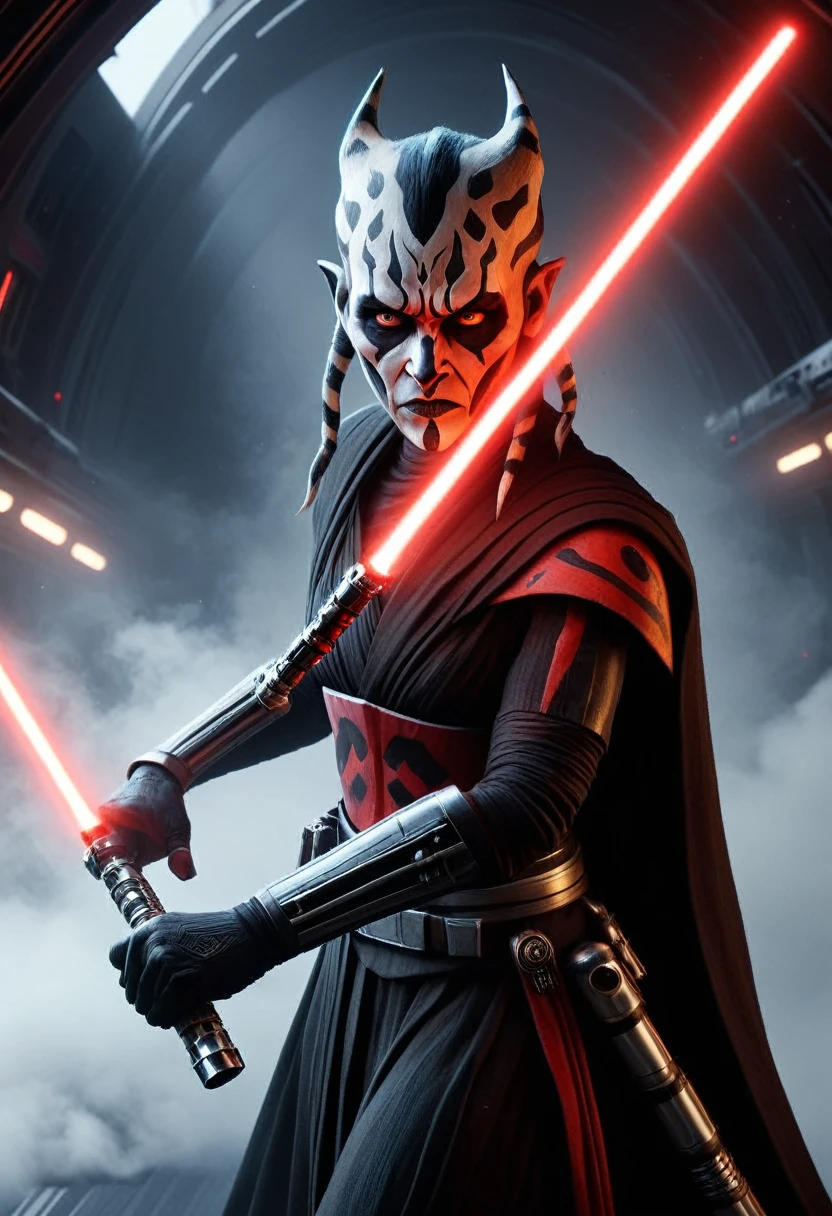 a Star Wars character, a Sith, Hyper detailed portrait of Zabrak Ahsoka Darth Maul, incredibly beautiful and dangerous, with Sith lightsaber in hand, runs along the deck of a spaceship, epic emotions and movements, galaxy fog, Perfect Composition, aesthetic, scandalous pose, full body, hyper realism, 5D Dimension, unreal engine, galaxy, 3d octane rendering, CGI, dark fantasy, by Zack Snyder