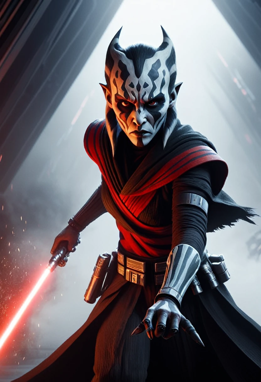 a Star Wars character, a Sith, Hyper detailed portrait of Zabrak Ahsoka Darth Maul, incredibly beautiful and dangerous, with Sith lightsaber in hand, runs along the deck of a spaceship, epic emotions and movements, galaxy fog, Perfect Composition, aesthetic, scandalous pose, full body, hyper realism, 5D Dimension, unreal engine, galaxy, 3d octane rendering, CGI, dark fantasy, by Zack Snyder
