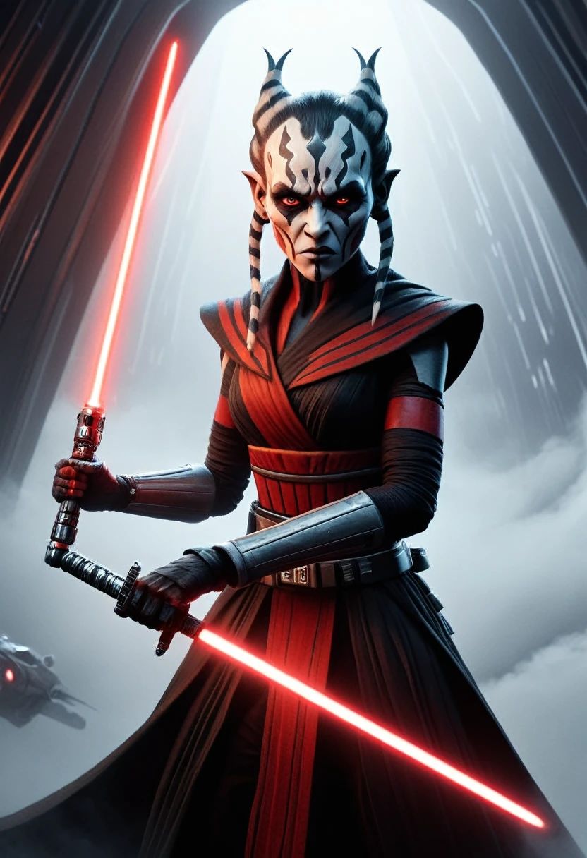 a Star Wars character, a Sith, Hyper detailed portrait of Zabrak Ahsoka Darth Maul, incredibly beautiful and dangerous, with Sith lightsaber in hand, runs along the deck of a spaceship, epic emotions and movements, galaxy fog, Perfect Composition, aesthetic, scandalous pose, full body, hyper realism, 5D Dimension, unreal engine, galaxy, 3d octane rendering, CGI, dark fantasy, by Zack Snyder