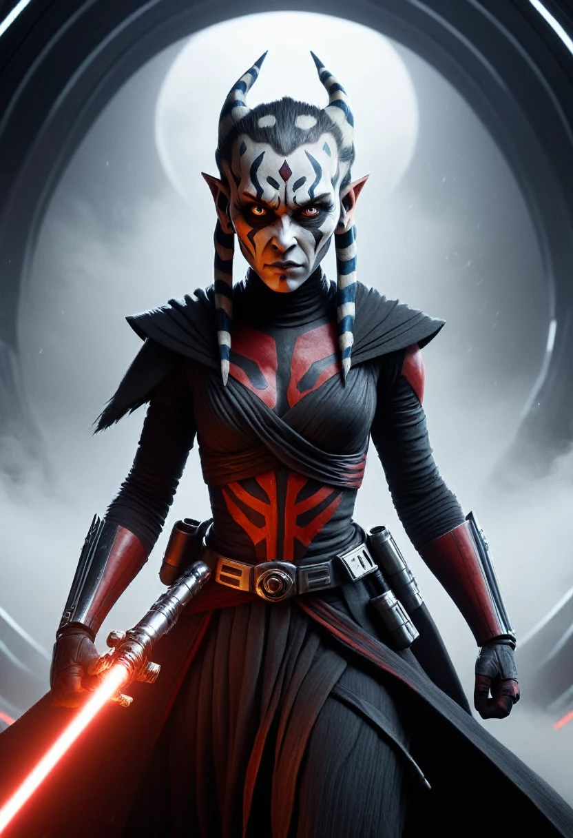a Star Wars character, a Sith, Hyper detailed portrait of Zabrak Ahsoka Darth Maul, incredibly beautiful and dangerous, with Sith lightsaber in hand, runs along the deck of a spaceship, epic emotions and movements, galaxy fog, Perfect Composition, aesthetic, scandalous pose, full body, hyper realism, 5D Dimension, unreal engine, galaxy, 3d octane rendering, CGI, dark fantasy, by Zack Snyder