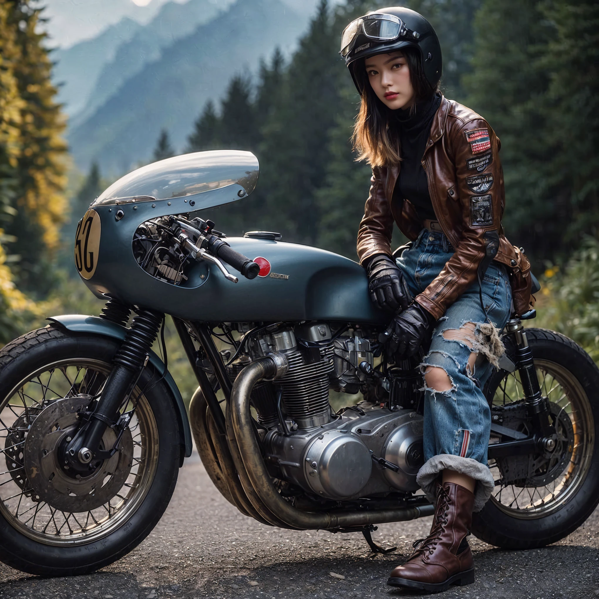 1950s, cafe racer, Japanese woman, riders wear, beautiful face, torn pants, very intricate details, metallic paint, single road in wilderness, (masterpiece, best quality:1.2), (8k uhd, 16k, 32k, ultra high res), realistic photo, taken with Fuji film X-T30+Nokton. HDR10
