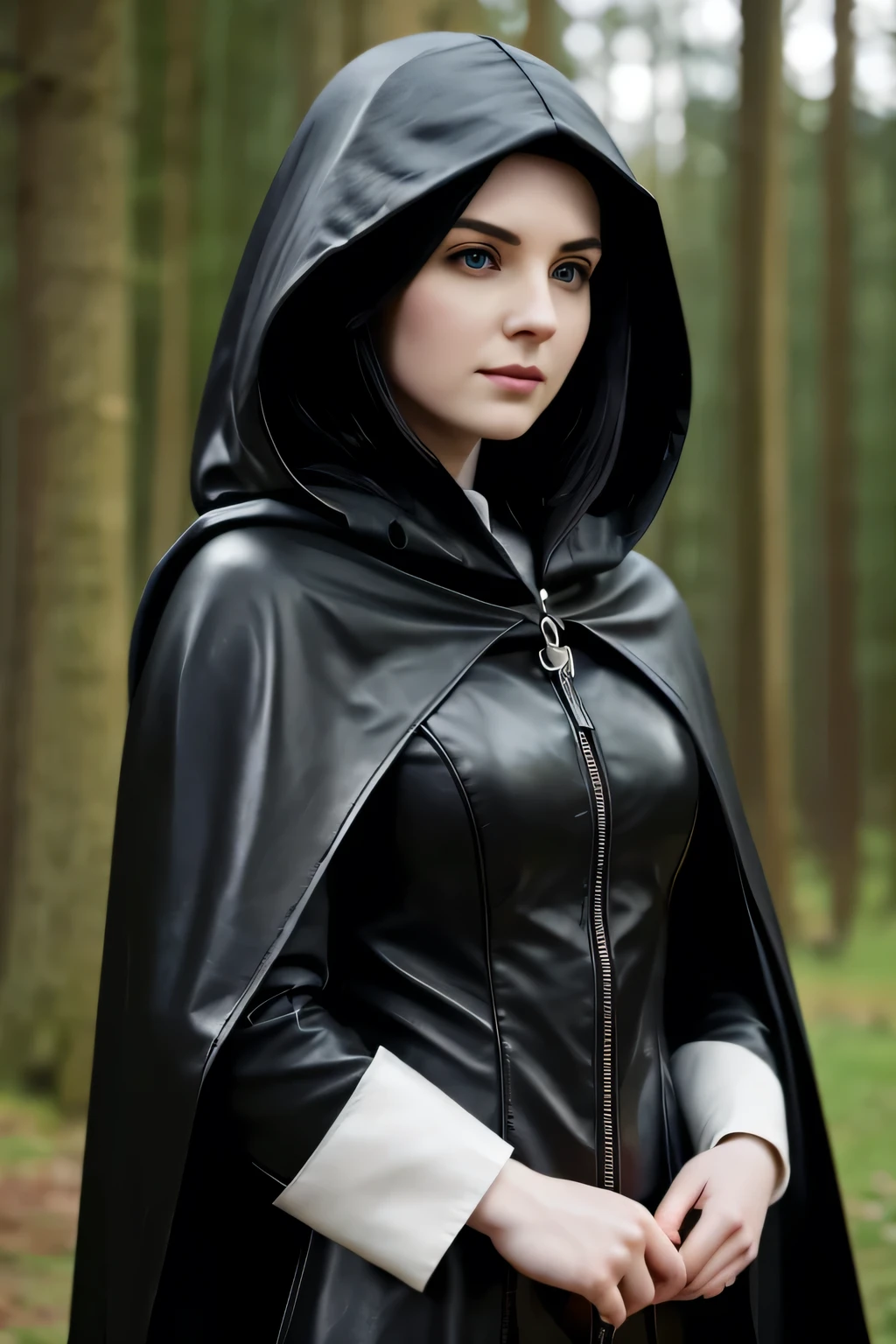 A female cleric in her mid twenties with black hair and pale skin wearing black leathers and a black hooded cloak. Holding onto a dark staff