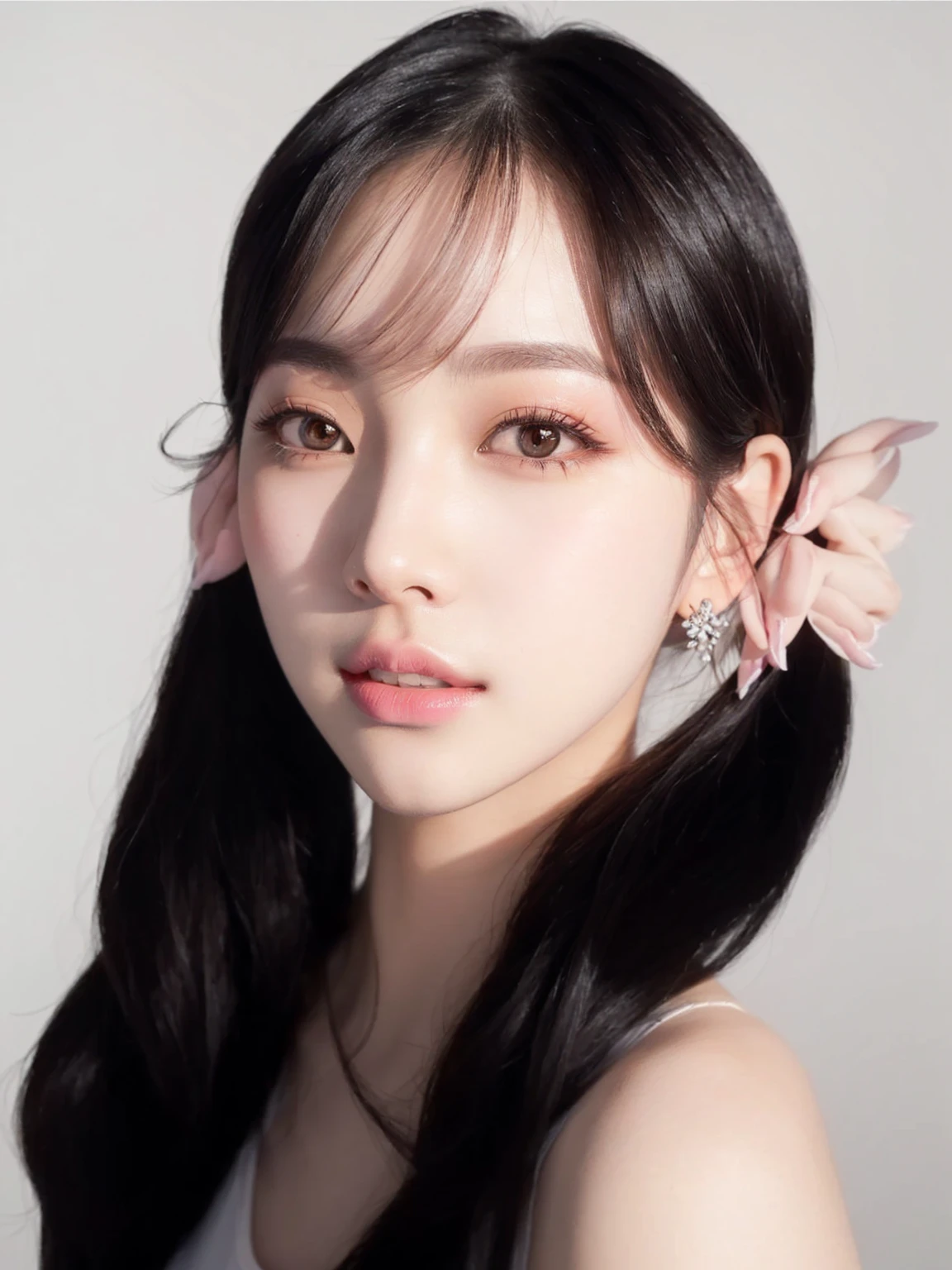 a close up of a woman with long hair wearing a white top, portrait of jossi of blackpink, portrait of female korean idol, sun yunjoo, popular south korean makeup, kawaii realistic portrait, high quality portrait, jaeyeon nam, popular korean makeup, portrait jisoo blackpink, jinyoung shin, park ji-min, realistic. cheng yi, kim doyoung