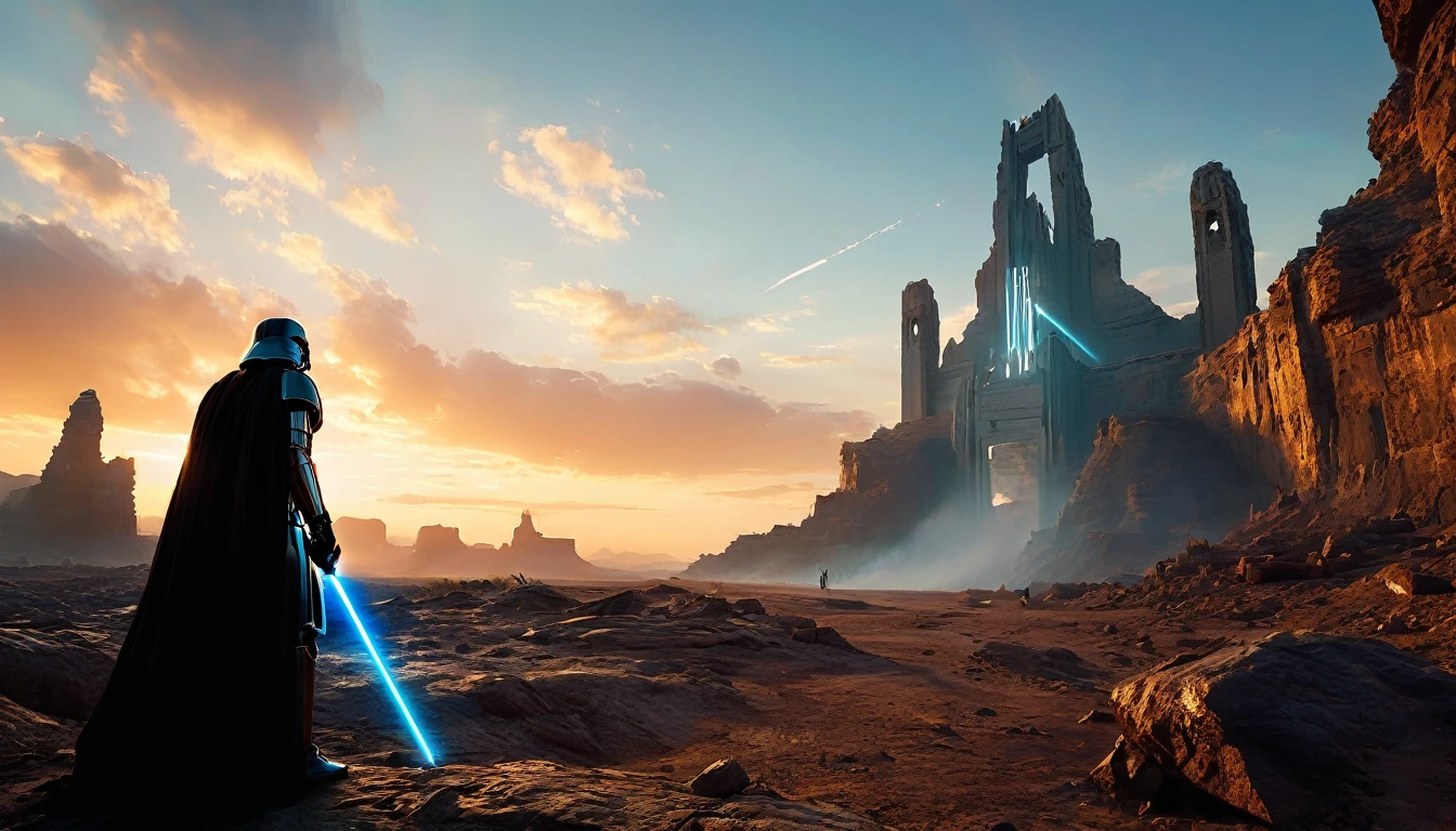 View a vast desert landscape bathed in golden twilight, evoking the iconic Star Wars look. No centro da cena, a Jedi in a flowing cape stands silhouetted against the orange sky, your glowing blue lightsaber in your hand, pronto para enfrentar qualquer desafio. The ruins of an ancient civilization rise majestically in the background, and the remains of a fallen AT-AT adorn the landscape. The atmosphere is charged with expectation, as if an epic battle was about to begin.hyper realistic composition,32k resolution,cinematic composition,cinematic color grading.photography whit Phaseone 85mm,depth of field.