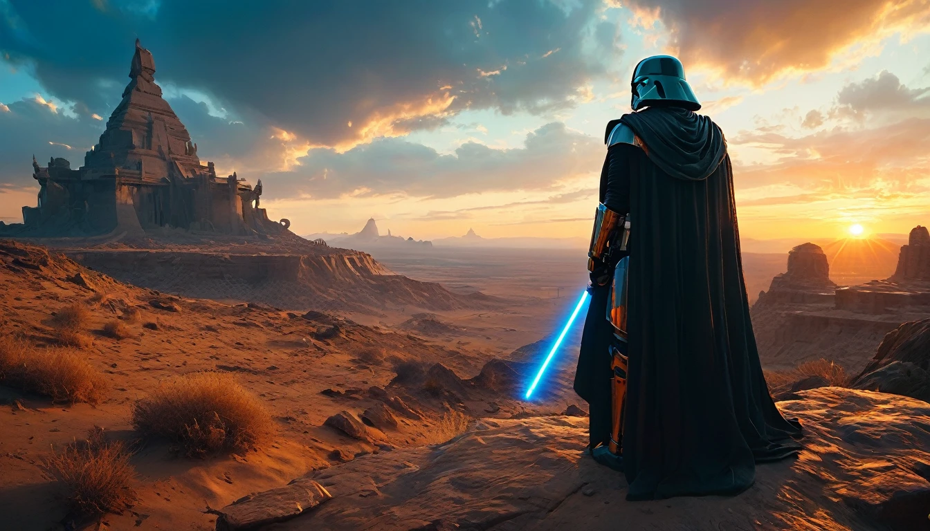 View a vast desert landscape bathed in golden twilight, evoking the iconic Star Wars look. No centro da cena, a Jedi in a flowing cape stands silhouetted against the orange sky, your glowing blue lightsaber in your hand, pronto para enfrentar qualquer desafio. The ruins of an ancient civilization rise majestically in the background, and the remains of a fallen AT-AT adorn the landscape. The atmosphere is charged with expectation, as if an epic battle was about to begin.hyper realistic composition,32k resolution,cinematic composition,cinematic color grading.photography whit Phaseone 85mm,depth of field.
