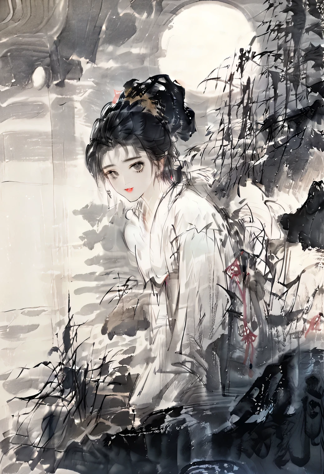 beautiful detailed eyes, beautiful detailed lips, extremely detailed eyes and face, longeyelashes, 1girl, traditional japanese clothing, kimono, night, moonlight, moon, sad expression, melancholic, moody, atmospheric, woodblock print, muted colors, dark tones, cinematic lighting, dramatic lighting, chiaroscuro, (best quality,4k,8k,highres,masterpiece:1.2),ultra-detailed,(realistic,photorealistic,photo-realistic:1.37)