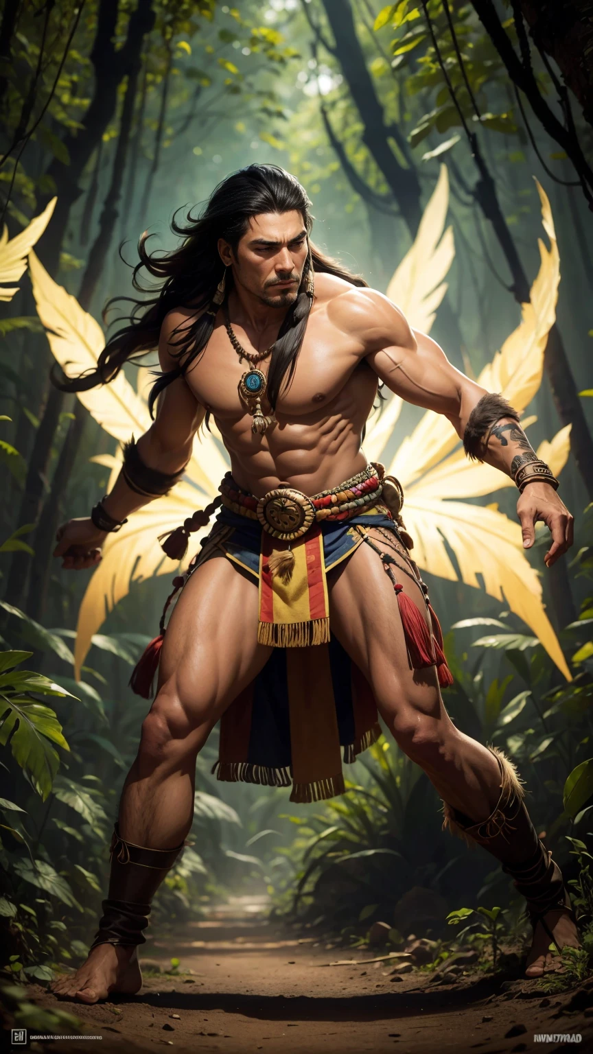 Create a dramatic lighting image of a Native American man, serious countenance, com dedos extremamente perfeitos, perfect hands, de 50 anos, The face with indigenous war ink, Traje nativo brasileiro, amazon jungle background, (((full body)), action pose, background floresta amazonica numa cachoeira