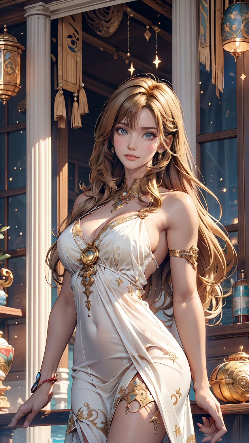 ( high quality , Super detailed, Watch your hands )Zodiac sign - Gemini Goddess , Similar to the goodness of Latin , Twin Goddesses , Curious, Skillful, Humorous, Fascinating, Imaginative faces , Sometimes unrealistic, Restless, Nervous, Careless style , Light brown eyes , Light blonde hair , Transparent Dress , In the windy sea , whole body , Sexy Makeup ,