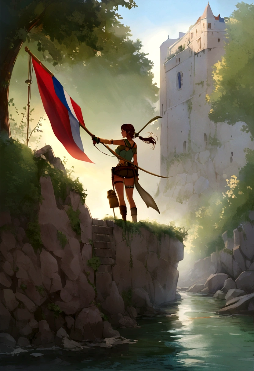 Lara Croft with a French flag in blue, white and red, behind the Seine
