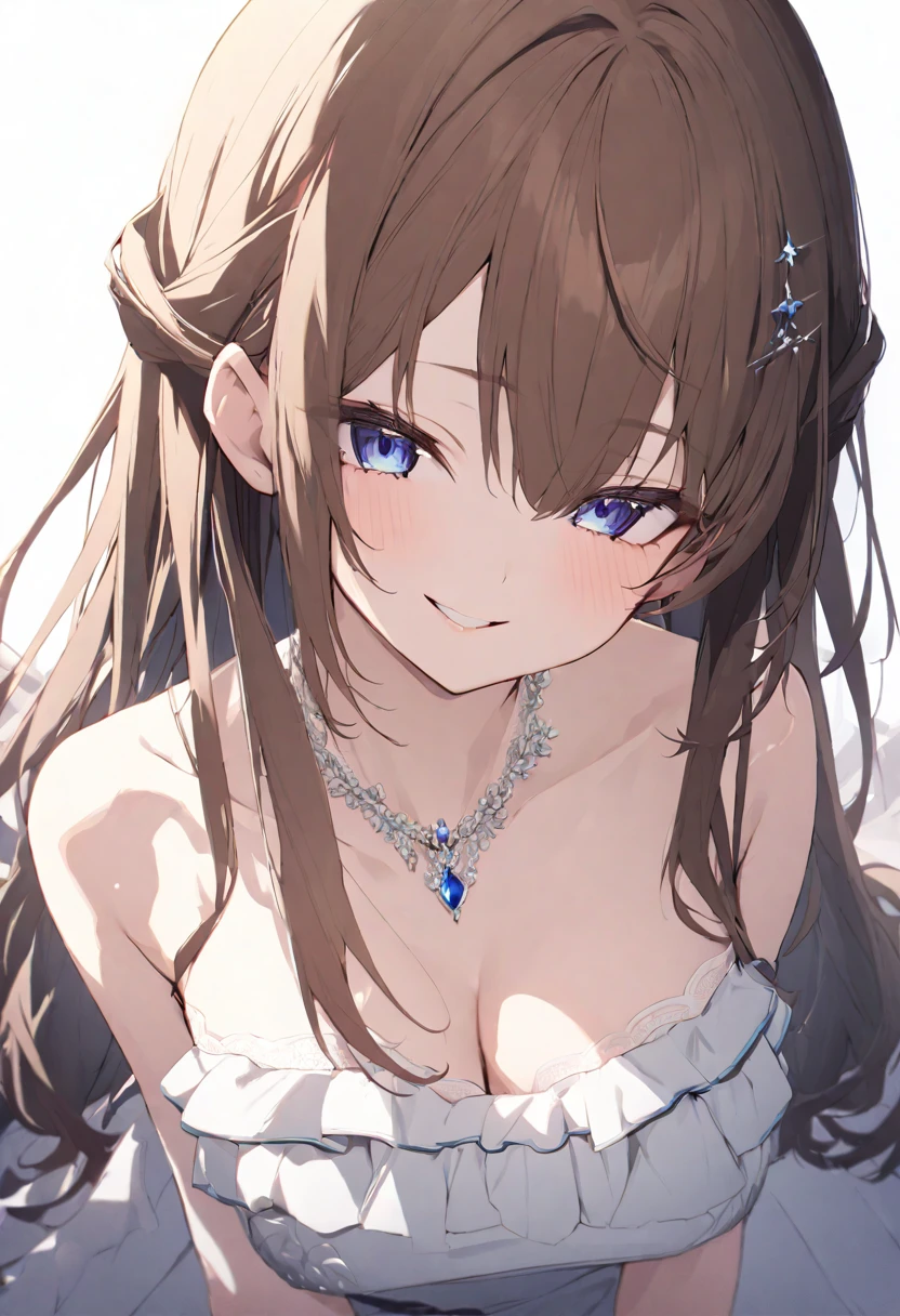 (masterpiece), (best quality), perfect face, beautiful girl, white background background, delicate and beautiful face and eyes, dark intense shadow, 
1 girl, vtuber style, cool girl, hololive, TokinoSora, long brown hair, Gorgeous evening dress Ruffles dress, lace, necklace, blue eyes, big chest, cropped shoulders, clavicle, winking, smile, bare feet, chest visible through clothes, (full body), High heel, looking at viewer, standing, 