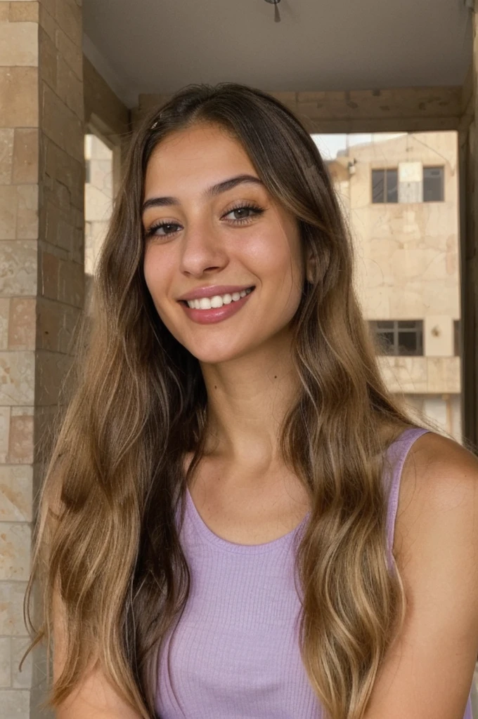 24YO,one attractive Jordanian women, purple shirt, cute smile, cute face, white teethes, skinny face, light brown eyes, small nose, black/blonde long hair