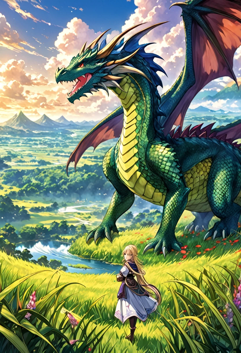 A girl in a field with a dragon, Anime fantasy illustration, high detailed Official Artwork, Anime fantasy artwork, Detailed Key Anime Art, epic anime fantasy, Official Artwork, Spectacular artwork of anime, Official Art, Vanillaware artwork, Anime illustration, Official Anime Artwork, Lamia, A dragon wearing scaly armor