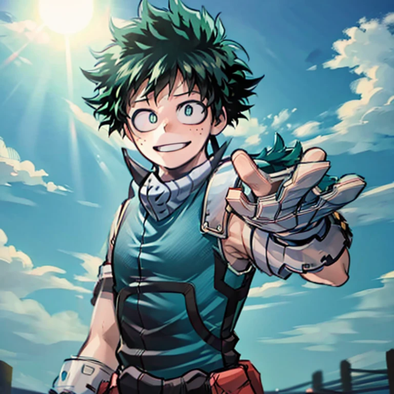 Masterpiece, Best quality, cowboy shot, solo, male focus, 1boy, midoriya izuku, smile, looking at viewer, short green hair, green eyes, green bodysuit, gloves, outdoors, sunny day