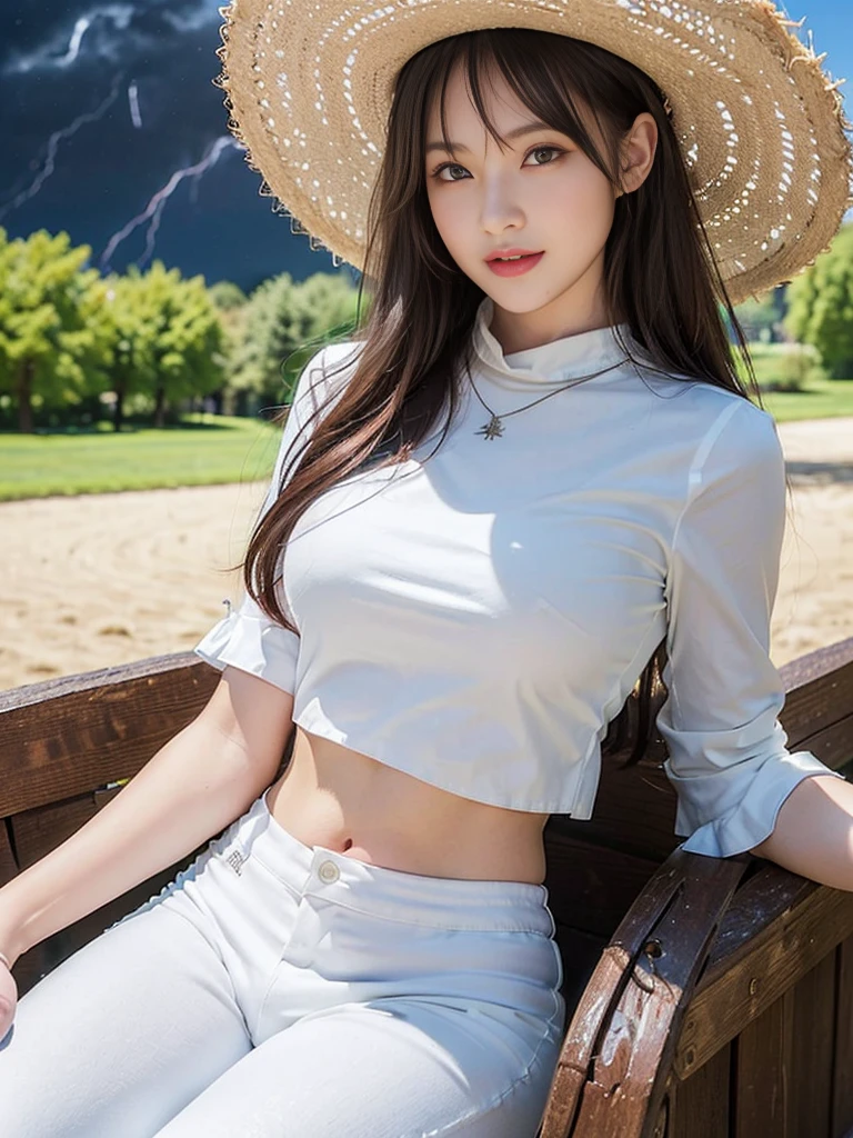 Look at this and smile、Colorful summer clothes、top quality、masterpiece、超High resolution、(actual:1.4)、Very wide lens、close up、Young woman beautiful、Nice detailed eyes and skin、smile、Short brown hair haircut、bust、Small necklace、、straw fedora hat、、Summer sky、(highest image quality: 1.35), high quality, Realistic photo, (A beautiful woman:1.33), beautiful expression, (delicate eyes:1.3), (delicate face:1.3), Smile, (light hair silhouette:1.2), Super detailed , high resolution, Athletic figure, (big breasts:1.25), (long hair:1.2), (beautiful woman), (Cute navel:1.2), ( Depth of field f/1.8:1.45 ), sharp focus, original image , (Thin white shirt:1.45), (Thin white pants:1.4), (Thin white tight pants:1.4 ), (shirt thin white eyelashes:1.4), (thick thighs:1.5), (forward facing:1.25), (cowboy photo:1.4), (night sports:1.4), ( dark sky:1.5 ),