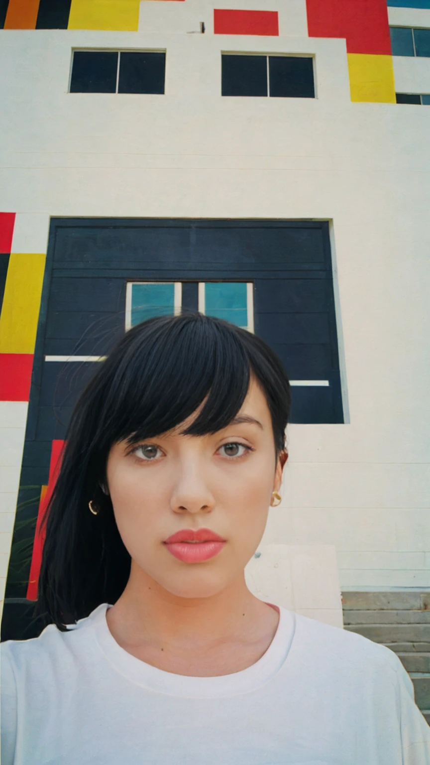 1 girl, beautiful, black bob hair, almond eye, no makeup, white tshirt, ((oversize_untucked tshirt)), peach tennis skirt in front of ((80's mondrian architecture colorful motel)),(from below:1.2), (realistic:1.1), (surreal:1.2), (very detailed:1.1), ((masterpiece)),summer, blue sky, palm trees,sunny, los angles vibes
