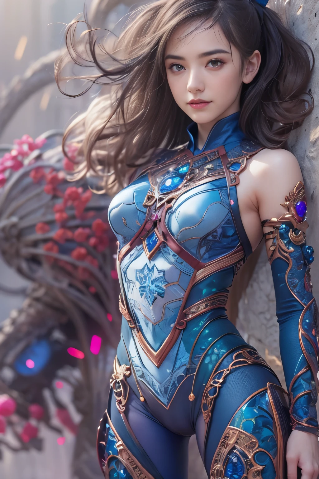 From Side, Photorealistic, Official art, Unity 8k wallpapr, 8K Portrait, Best Quality, Very high resolution, (Incredibly beautiful nature background:1.6), One girl, One beautiful teenage Italian girl, , Obscene, (Sexy and glamorous:1.1), (A coquettish expression:1.6), (small breasts with raised pink areolas:1.1), Vulgarity, (seductively smiling:1.2), (full body1.0), (erotic posing:1.5), (Magic Attack Pose:1.6),(magical effects like sparkles or energy:1.5), (Electric shock from hands:1.1), (Detailed blue bodysuit with beautiful fractal or marble design:1.5), (Beautiful and d delicate ruby, topaz, emerald and sapphire jewelry:1.45), Beautiful seductive face, Portrait, (Thick eyebrows:1.2), (Big purple eyes:1.2), Beautiful eyes with fine symmetry, (ultra detailed eyes:1.1), (High resolution eyes:1.1), Intimate face, (ultra detailed skin texture:1.4), white skin, pale skin, Perfect Anatomy, Thin, (Beautiful toned body:1.1), Hair Bow, (Moist skin:1.1), full of sweat, No makeup, dark circles, Good anatomy, Focus Face, good looking, (Emilia Clark:0.6) (Emma watson:0.3),(Jennifer Connelly:0.4), (sensual face:1.5), Elegant face, Nice, Dolce, Cyberpunk Sci-Fi, (Gauntlets with intricate and beautiful designs:1.2), Blurred background, Blurred foreground, depth of fields, (Motion Blur:1.1), Complex and colorful biomechanical bodysuit, Zentangle, mandalas, Entangled, (Small breasts:1.2), Sheer breast, large hips, drivel, grabbing on breasts