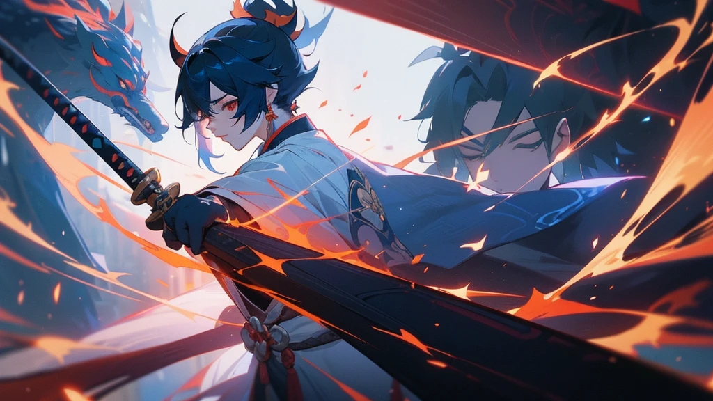 Anime - stylized image of a man with a sword and a demon, From the Night of the Ark, The Detailed Art of the Onmyoji, Keqing from Genshin Impact Impact, onmyoji, Arc Knight, Genshin Impact impact's character, Genshin Impactインパクトの中離, Flowing white robes, Genshin Impact, Jan J, onmyoji portrait, Genshin Impact Impact, Genshin Impact Impact style