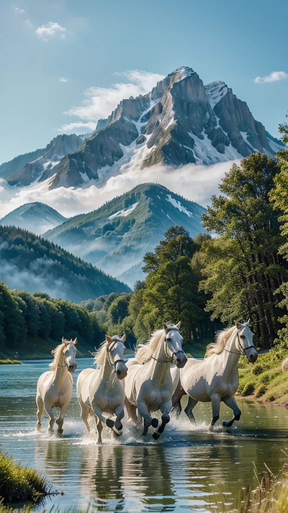 eight wild white horses racing through green forest on the shallow water, surrounded by towering mountain range under blue sky, the atmosphere filled with an aura of wonder and mystique, Painting, watercolors on textured paper