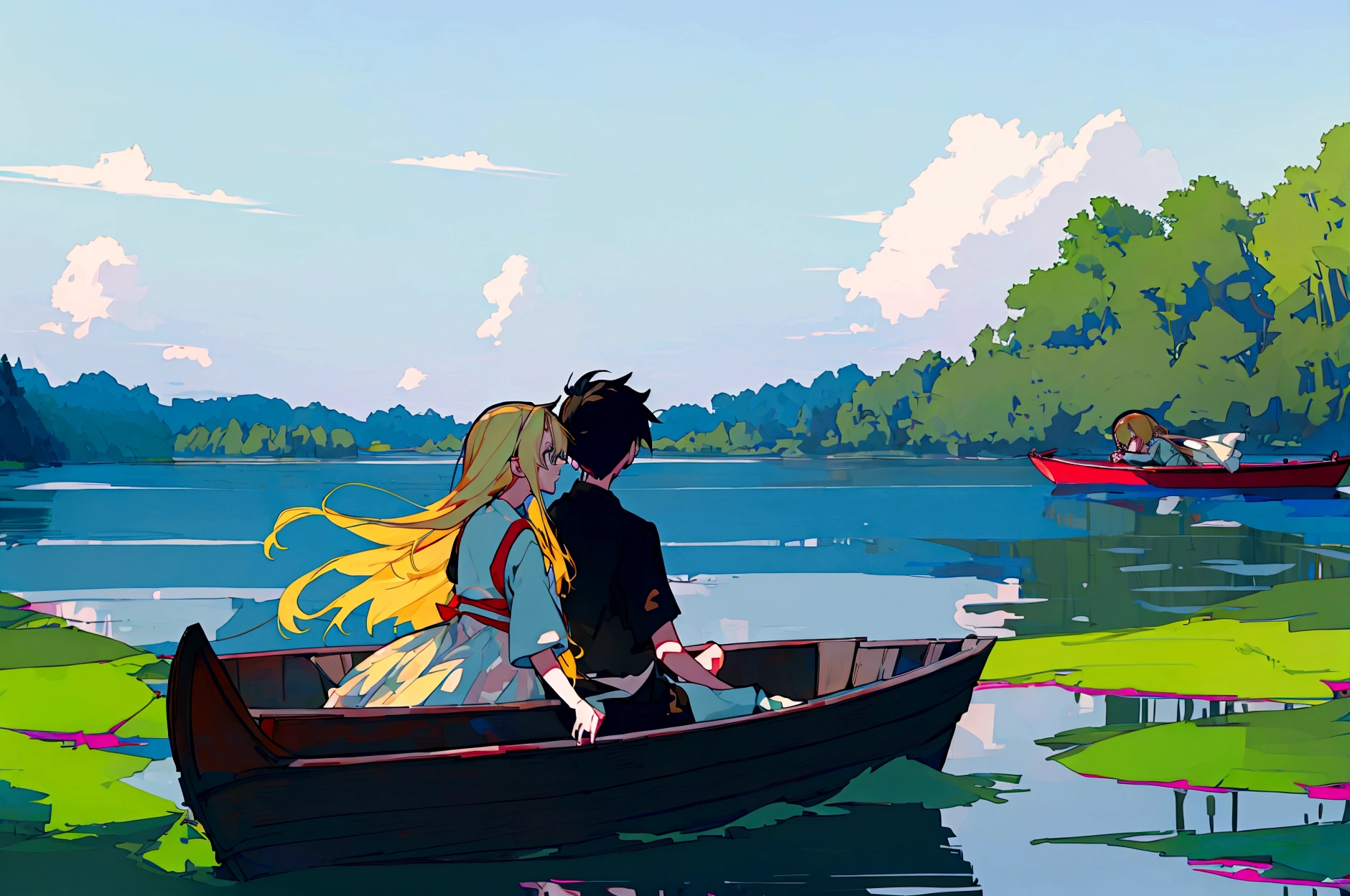 Anime Scene of girl and boy in a boat on a river, Anime Rush 8k Woods, Lofi art style, On the Lake, Created by Anime Painter Studio, beautiful Anime Scene, koto no ha no niwa, At the Lake, Beautiful peaceful scene in anime, Anime Background, Anime Scene, masterpiece, Highest quality, Highest quality, masterpiece, High resolution, A girl with long blonde hair in a frilly dress and a boy with blonde hair are facing each other on a boat、A boat floats on a pond in the green forest in early summer、A boy and a girl are sitting facing each other