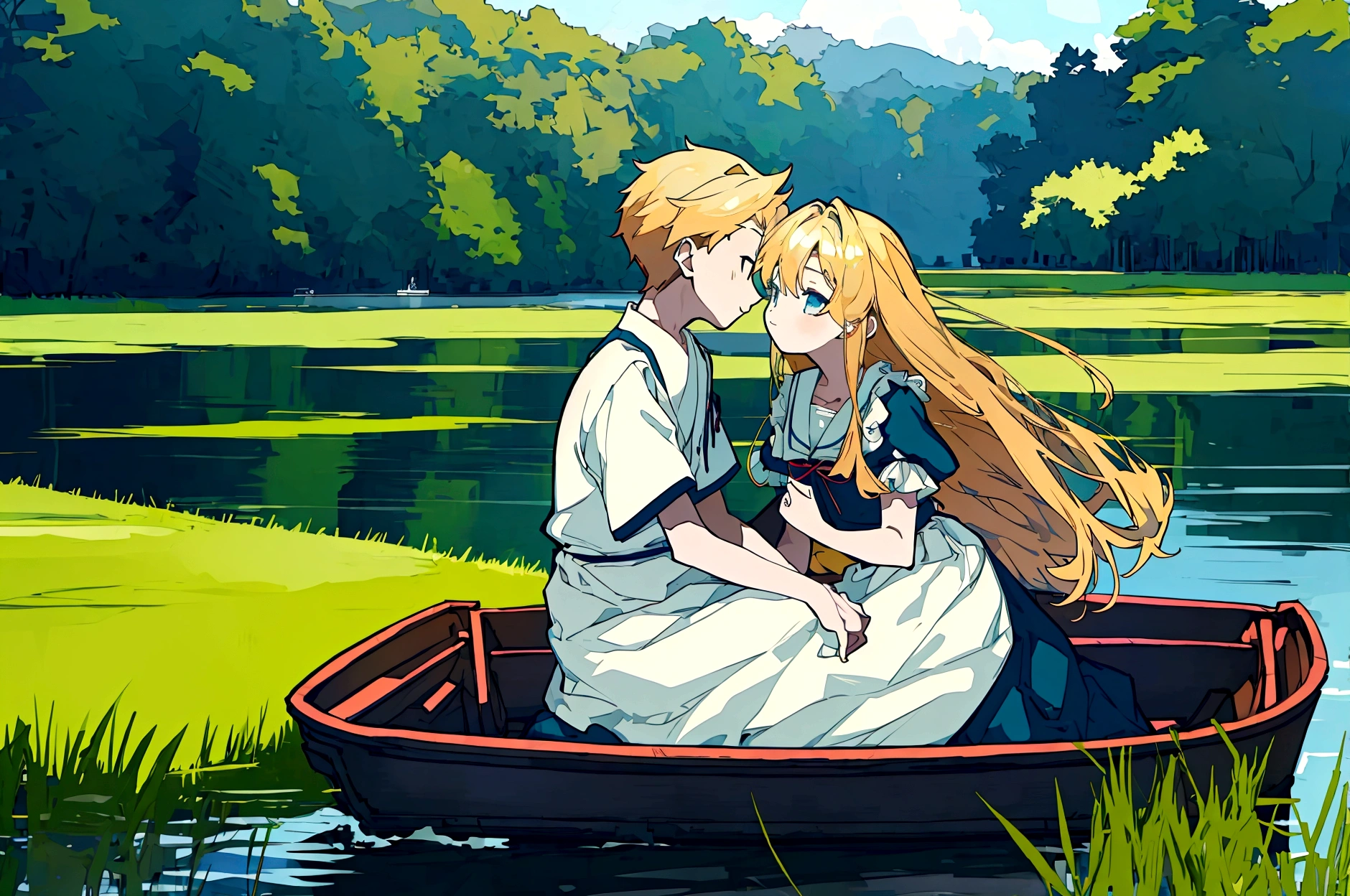Anime Scene of girl and boy in a boat on a river, Anime Rush 8k Woods, Lofi art style, On the Lake, Created by Anime Painter Studio, beautiful Anime Scene, koto no ha no niwa, At the Lake, Beautiful peaceful scene in anime, Anime Background, Anime Scene, masterpiece, Highest quality, Highest quality, masterpiece, High resolution, A girl with long blonde hair in a frilly dress and a boy with blonde hair are facing each other on a boat、A boat floats on a pond in the green forest in early summer、A boy and a girl are sitting facing each other