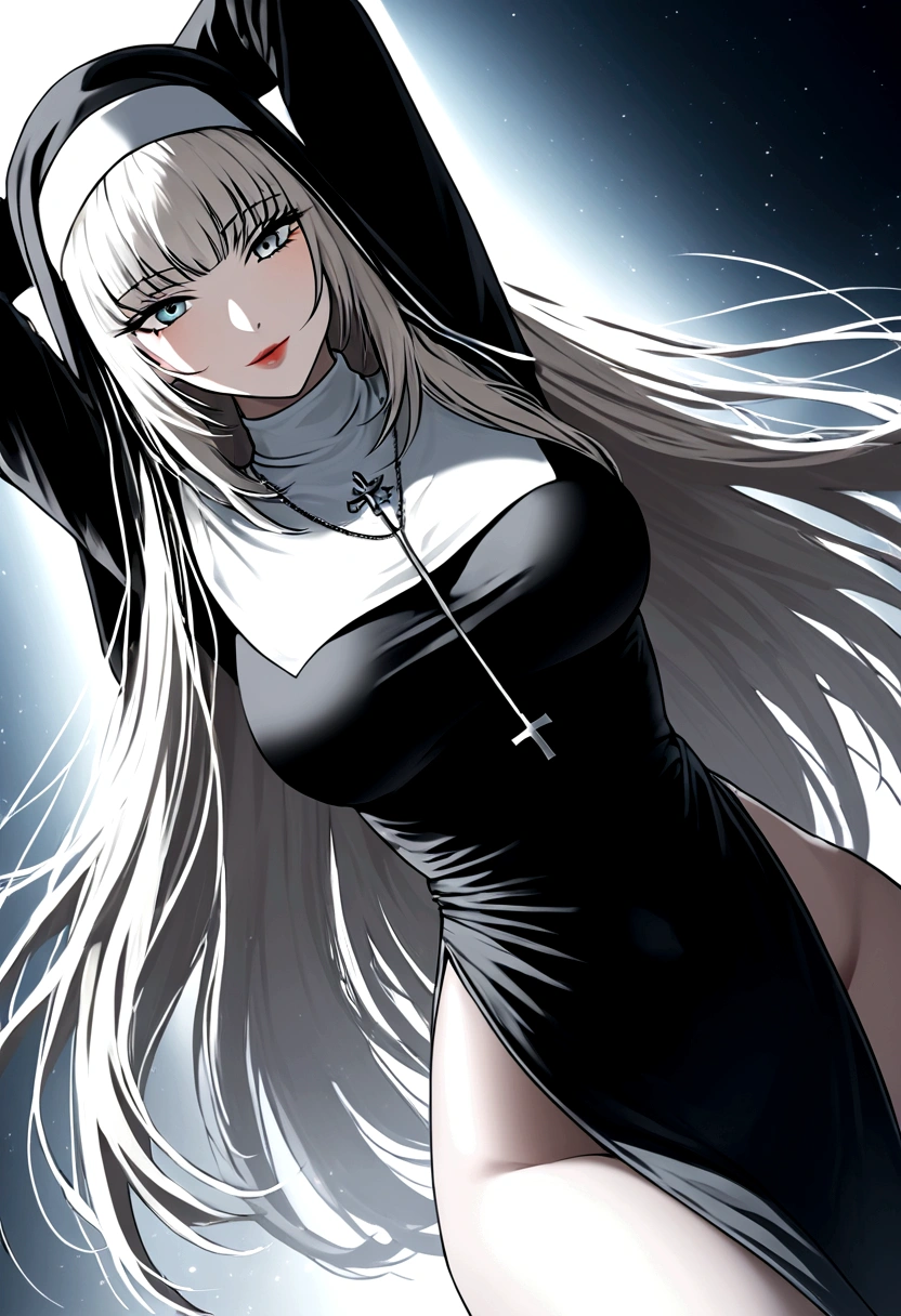 Character (hair bangs) (white long hair) (white pale skin) (battle nun-style clothing) (black clothing) (character in dynamic pose) (perspective angle taken)