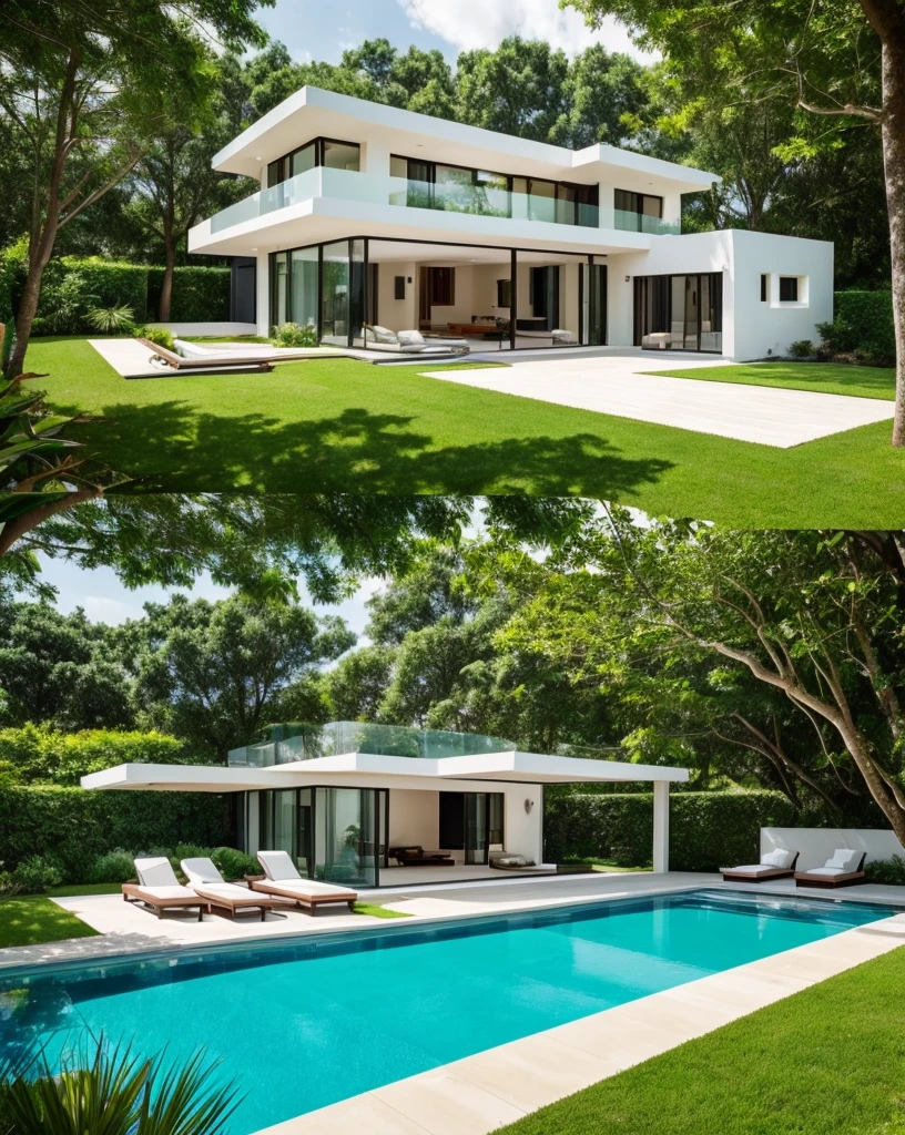 the exquisite beauty of modern style house with nature, flowers, pool, realistic, professional, vivid colors, soft lighting, natural landscapes, detailed trees, colorful garden, gentle breeze, vibrant hues, natural tranquility, lush greenery
