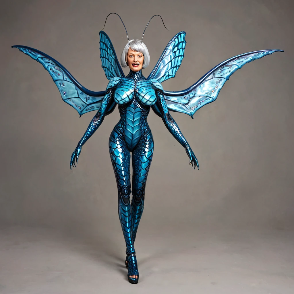 A full body image of a large strong beautiful mature woman with short silver hair part organic and part mechanical brightly coloured alien woman. Showing the entire, highly detailed body from the front. The entire picture is full of details. Strange alien landscapes full of strange things in the background. Huge b reasts dominate her upper body. Beautiful big blue wings and sharp teeth. . tentacles and antennas and multiple eyes. long shiny legs. Scales covering her segmented body. Hypnotically seductive and psychedelic looking gaze. Highly detailed 8k