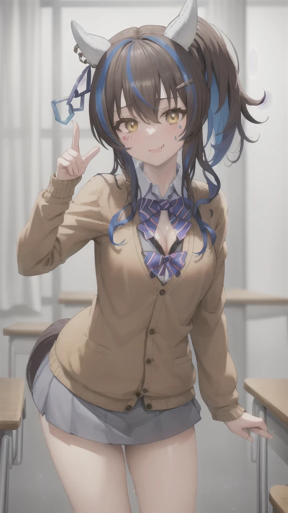 masterpiece, best quality, daitaku helios \(umamusume\), 
, white socks, long sleeves, blue bowtie, collared shirt, grey skirt, white shirt, miniskirt, brown cardigan, skin fang, 
leaning forward, hand on own hip, classroom,
cowboy shot, bra peek,cleavage,black bra
