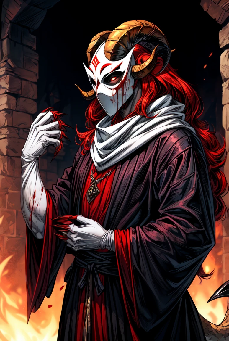 ((demon)), (((male))), male demon,  ((scary demon), (((wearing a scary white mask))), blood, (((ram curved horns))), long wavy red hair, (((slavic black full clothes))), medieval scarf, monster claws, snake tail