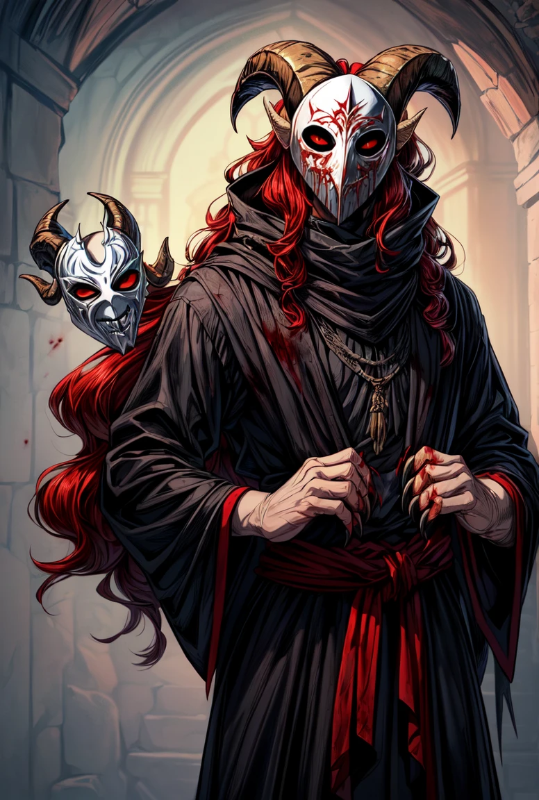 ((demon)), (((male))), male demon,  ((scary demon), (((wearing a scary white mask))), blood, (((ram curved horns))), long wavy red hair, (((slavic black full clothes))), medieval scarf, monster claws, snake tail