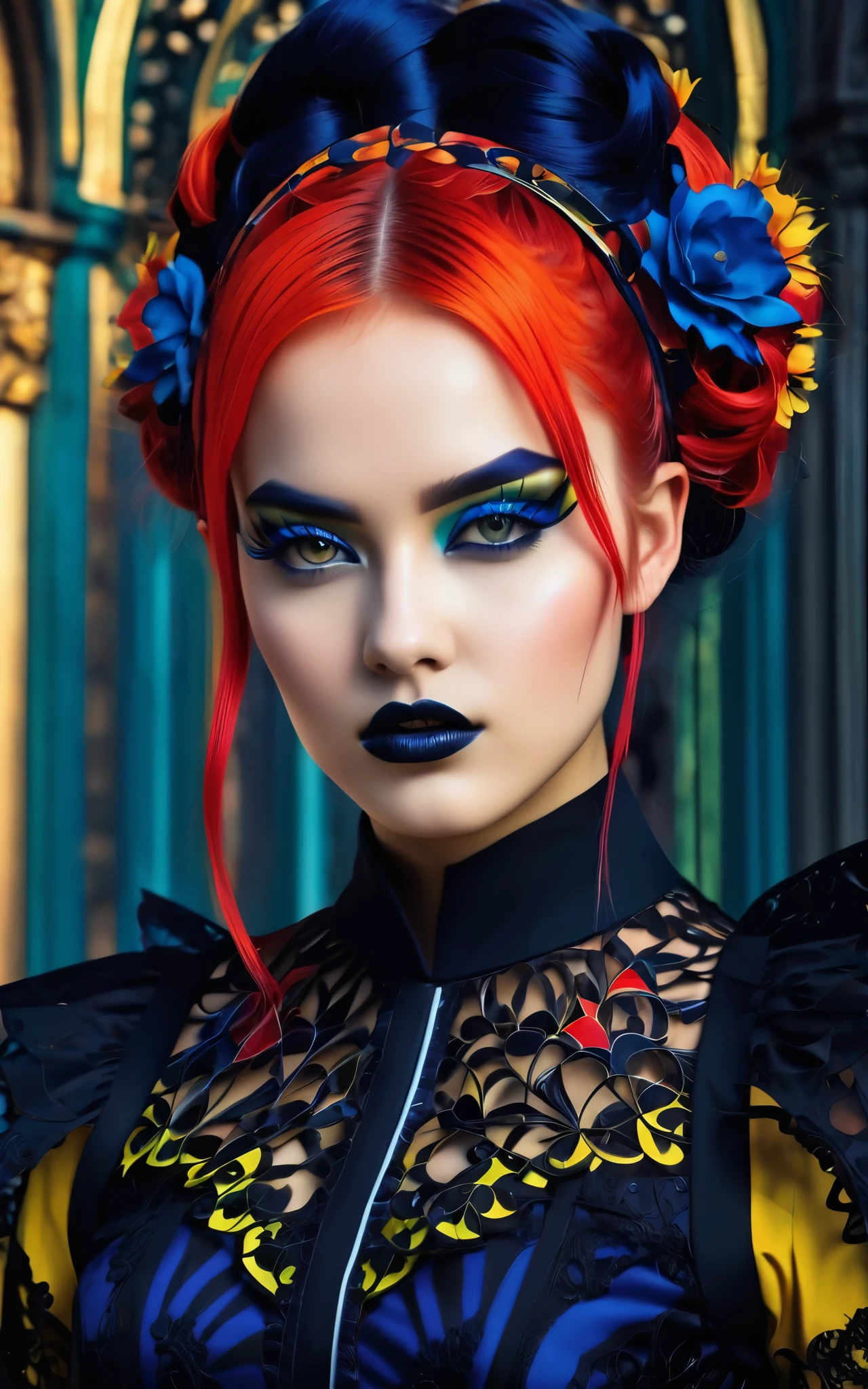 (best quality, 4K, 8K, high-resolution, masterpiece), ultra-detailed, photorealistic, striking young woman, bold Neo-Gothic makeup, bold Neo-Gothic hair, vibrant Pop Art inspired outfit, intricate facial designs, modern fashion, high fashion, vibrant colors, digital art