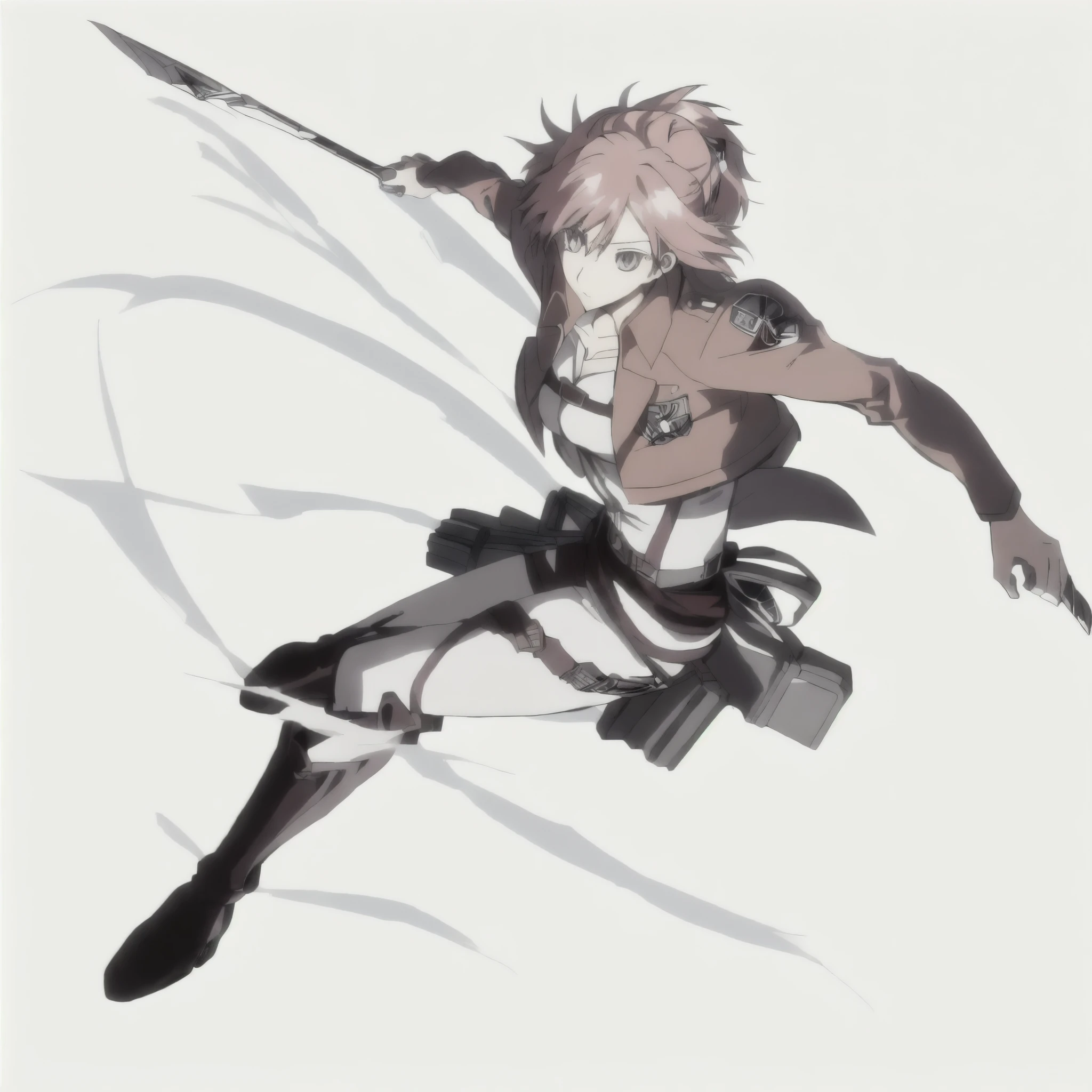 personaje de anime con espada y espada en mano, snk, uniforme de cadete attack on titan, odm gear, saltando,  ataque al estilo anime titan, del ataque a titan, en ataque a titan, hecho con estudio de pintor anime, ataque al titan arte encubierto, [ arte digital ]!!, (anime ataque a titanes), arte animado digital!!, cerochan, pintado en estudio de pintor anime, female protagonist 