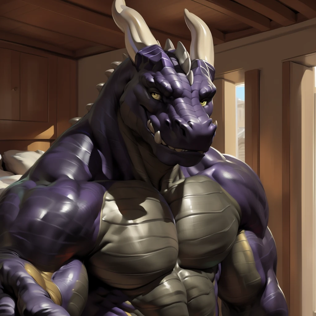 uploaded on e621.net, (best quality, masterpiece, highres, HD, 16k, textured skin, high detail)+, (ultra realism shading, photorealistic)+++, anthro, (dragon)++, (black body)++++, (purple pectorial muscles)++++, (purple abs)++++, (face shot)++, (brute face)++, (gray horns on head and jaw), big muscles, male focus, male, gay, handsome, (male solo)++, bedroom, tall, (detailed yellow eyes)+, looking at viewer, (correct anatomy)+, (art by kaynine, chunie, darkgem, ffffolder)+