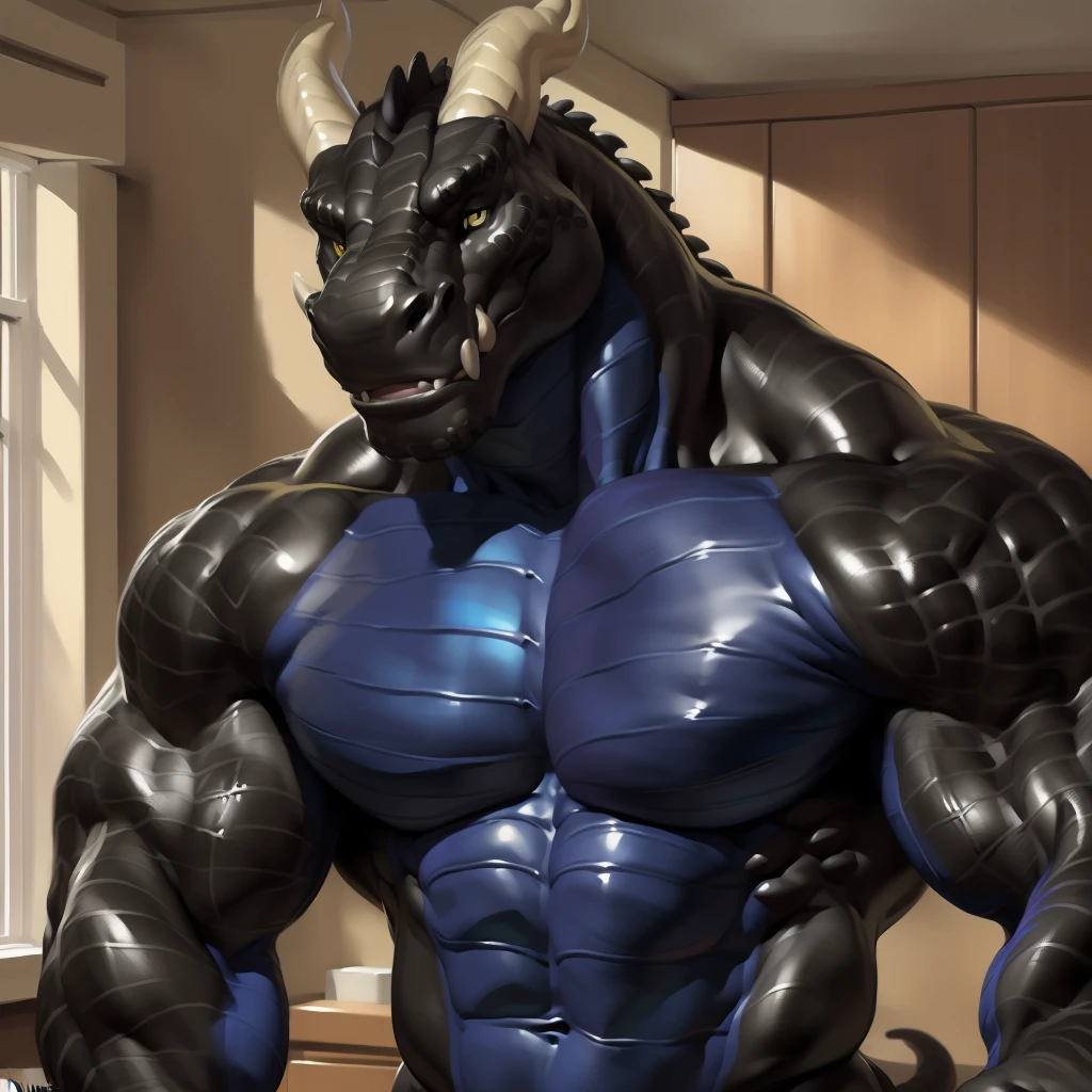 uploaded on e621.net, (best quality, masterpiece, highres, HD, 16k, textured skin, high detail)+, (ultra realism shading, photorealistic)+++, anthro, (dragon)++, (black body)++++, (purple pectorial muscles)++++, (purple abs)++++, (face shot)++, (brute face)++, (gray horns on head and jaw), big muscles, male focus, male, gay, handsome, (male solo)++, bedroom, tall, (detailed yellow eyes)+, looking at viewer, (correct anatomy)+, (art by kaynine, chunie, darkgem, ffffolder)+