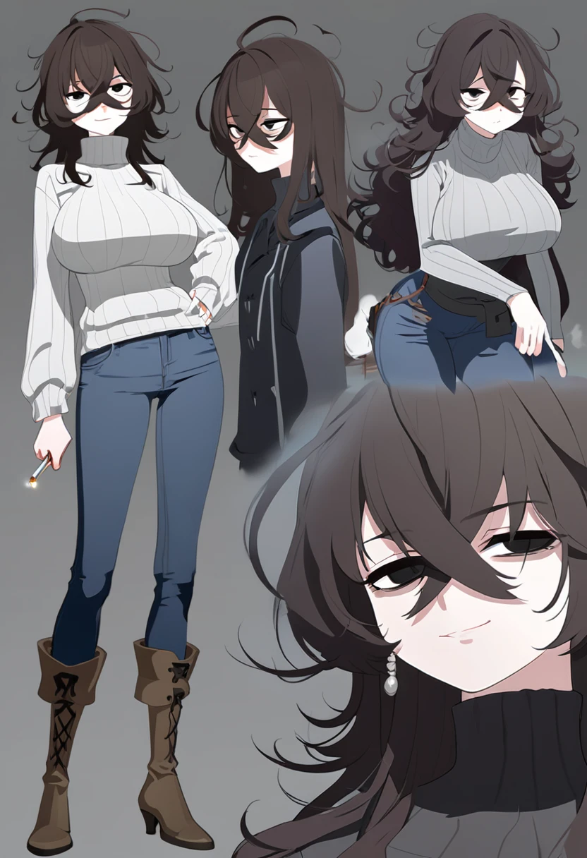 One Woman,Downer,older sister,Concept Art,Dark brown hair,Straight hair with slight inward curls,Staring eyes,Eye Ridge,black eye,Crossed bangs,whole body,smile,Larger breasts,Gray background,Bangs that reach down to the eyes,Messy hair,Tight dark jeans,Gray turtleneck sweater,Multiple views of the same character,Character Design,Dark circles under the eyes,Bad look,Listless,Sloppy,Silver Jewelry,Cafe staff,Holding a cigarette,whole bodyCharacter Design,Detailed hands,Height: 170cm,boots,Fleshy body,