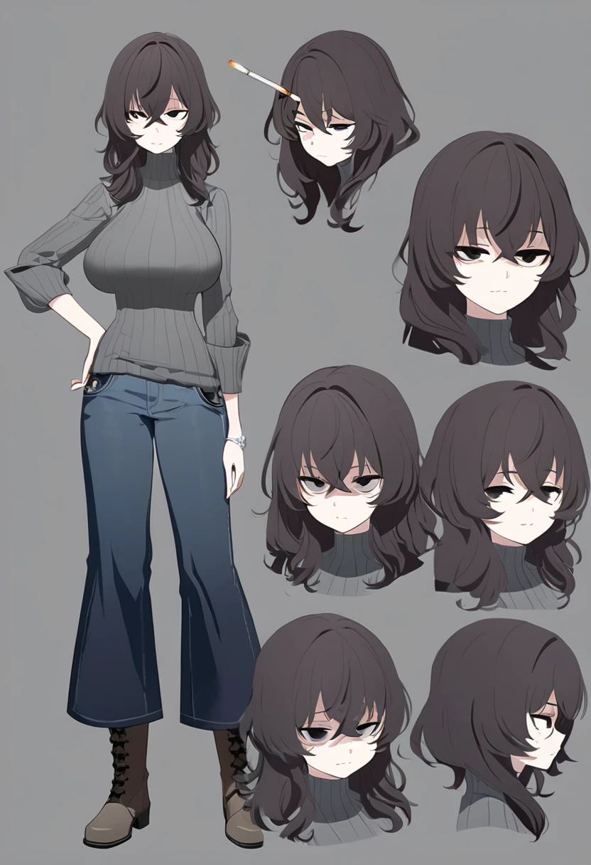 One Woman,Downer,older sister,Concept Art,Dark brown hair,Straight hair with slight inward curls,Staring eyes,Eye Ridge,black eye,Crossed bangs,whole body,smile,Larger breasts,Gray background,Bangs that reach down to the eyes,Messy hair,Tight dark jeans,Gray turtleneck sweater,Multiple views of the same character,Character Design,Dark circles under the eyes,Bad look,Listless,Sloppy,Silver Jewelry,Cafe staff,Holding a cigarette,whole bodyCharacter Design,Detailed hands,Height: 170cm,boots,Fleshy body,