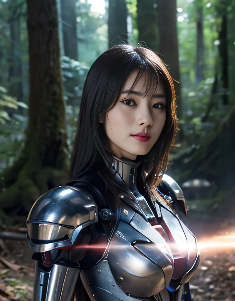 ((Fighting monsters))、Highest quality、masterpiece、Ultra-high resolution、(Photorealistic:1.4)、RAW Photos、1 Girl、Blonde、Glowing Skin、(((1. Mechanical Girl)))、With a beautiful knife、(Blue Metal Bodysuit)、(Beautiful forest background)、(Fighting monsters)、(Small LED)、((Ultra-Realistic Details))、Vertical Giant Monster Background),Global Illumination、Shadow、Octane Rendering、8k、Ultra Sharp、Big Breasts、The skin between her breasts is exposed、Metal、Intricate decorative details、More about Japan、Very intricate detail、Realistic Light、CG Social Trends、Red eyes、Eyes shining at the camera、Mechanical vertebrae are attached to the back.、Machine edge vessels are connected to neon detail tubes、Cervical vertebrae mechanically attached to the neck、(Wires and cables connected to the head)、Gundam、Small LED、,Mechanical thigh、2 stocks、(Even the hands are made of machines.On Star Attack)、(Wounded in a deadly battle)、Natural smile、magic、fire