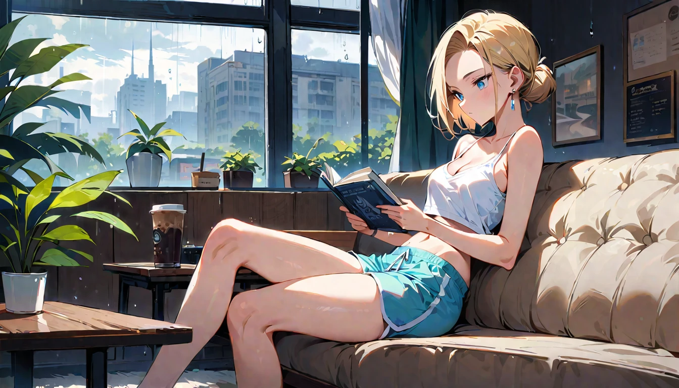 (masterpiece, best quality:1.2), solo, Android 18 from Dragon Ball, ((white slip-on crop top)), ((light gray dolphin shorts)), thighs, midriff, small breasts, blonde hair, (single hair bun), ((blue eyes)), earrings on earlobes, slender feminine figure, narrow waistline, skinny body, reading book, cleavage, off shoulder, light blush, indoors, chill, cafe, couch, ice coffee, window, organized, simple, white-based interior, a few plants, rain, cloudy sky, magnificent view, blur background, 4K, 