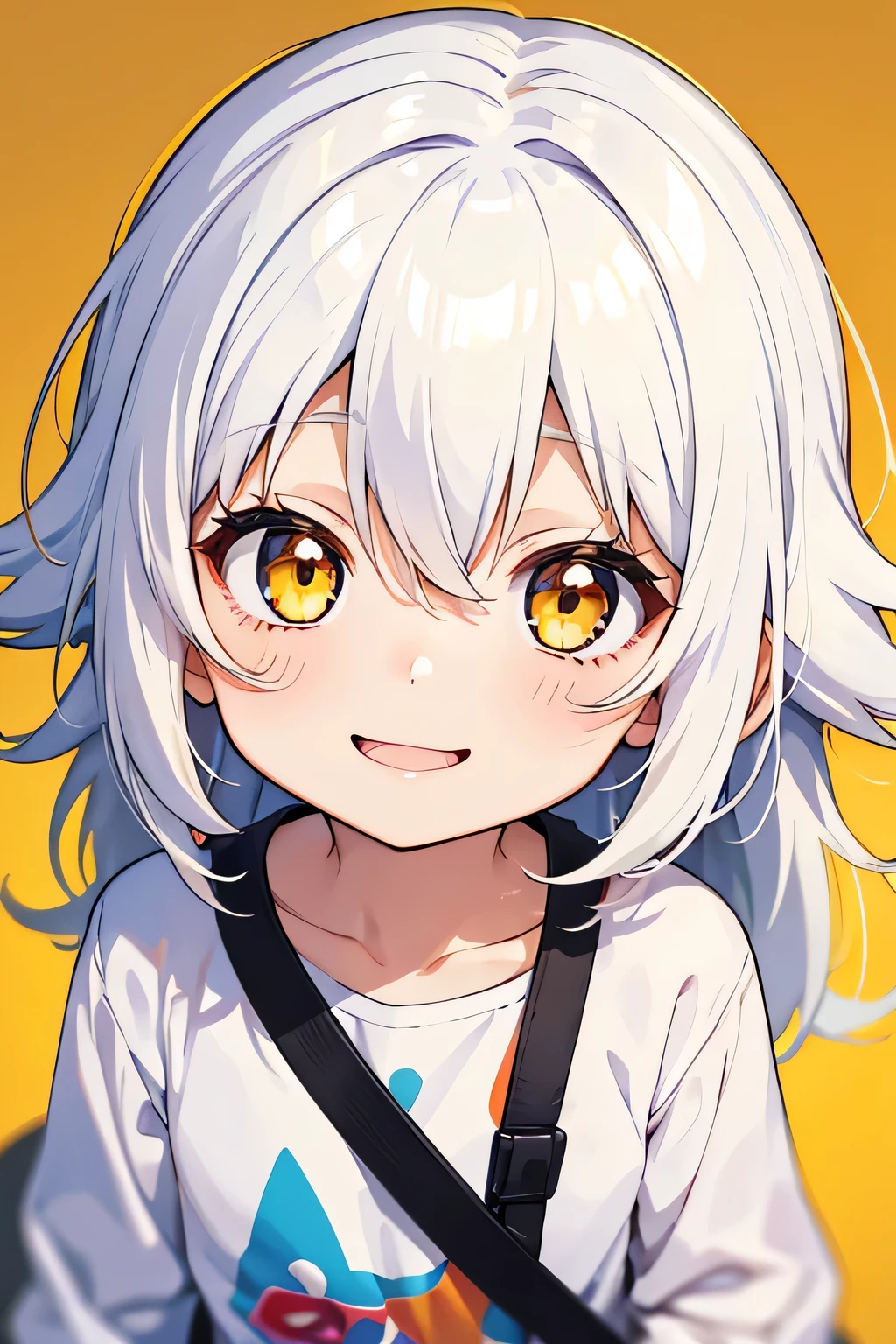 toddler, cute anime toddler, smiling, white hair and yellow hair, long hair, messy hair, golden eyes